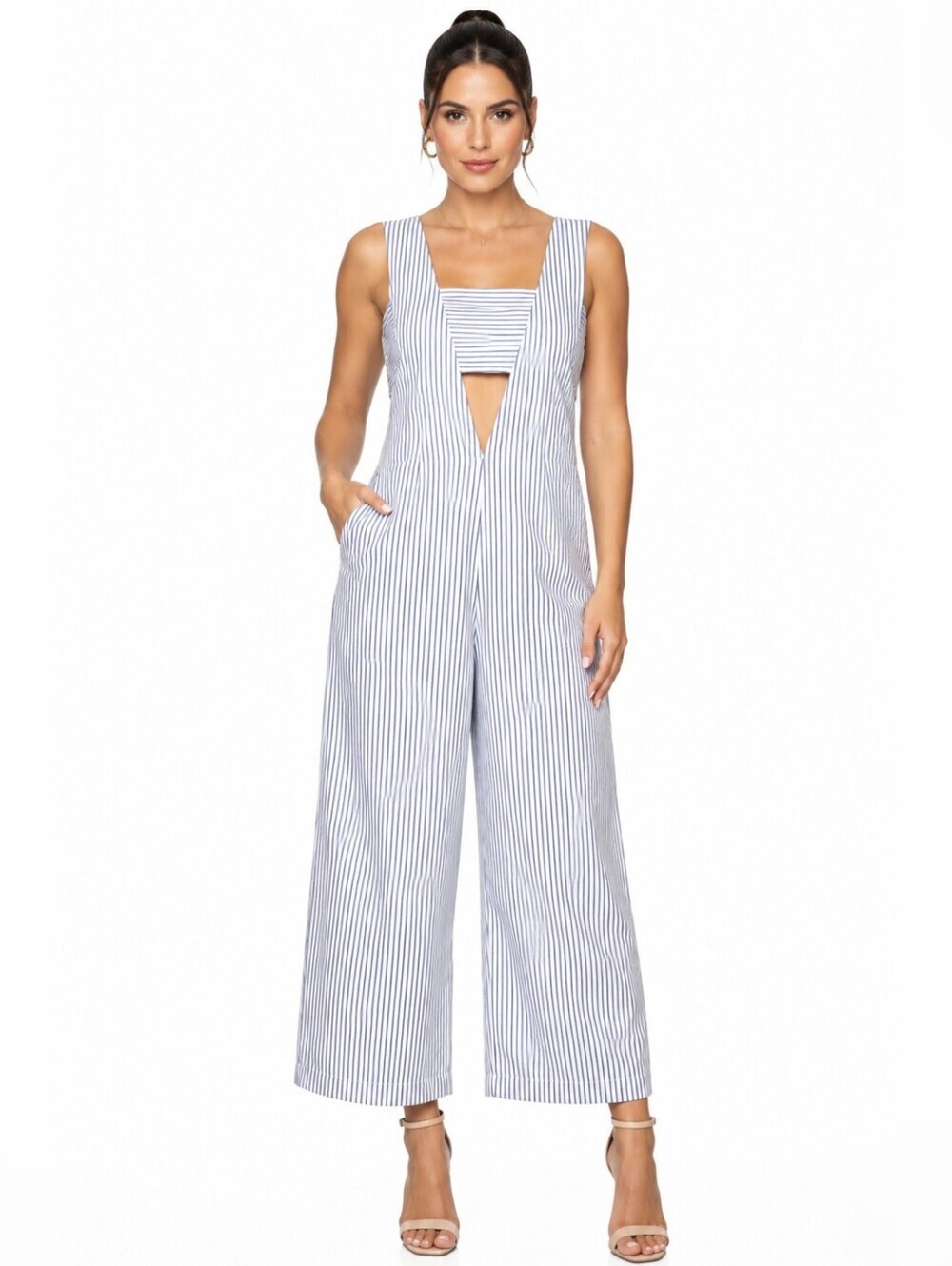 English Factory Navy & White Pinstripe Wide-Leg Jumpsuit. Size S.